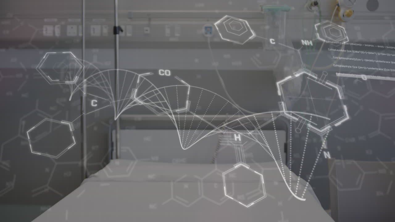 animación de adn y procesamiento de datos sobre una cama de hospital vacía
