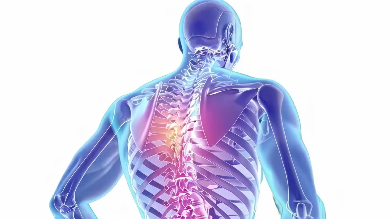 A 3D medical illustration of a human spine viewed from a rear angle, highlighting spinal issues