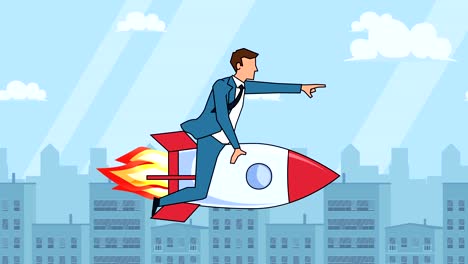 flat cartoon businessman character  fly on rocket startup concept animation