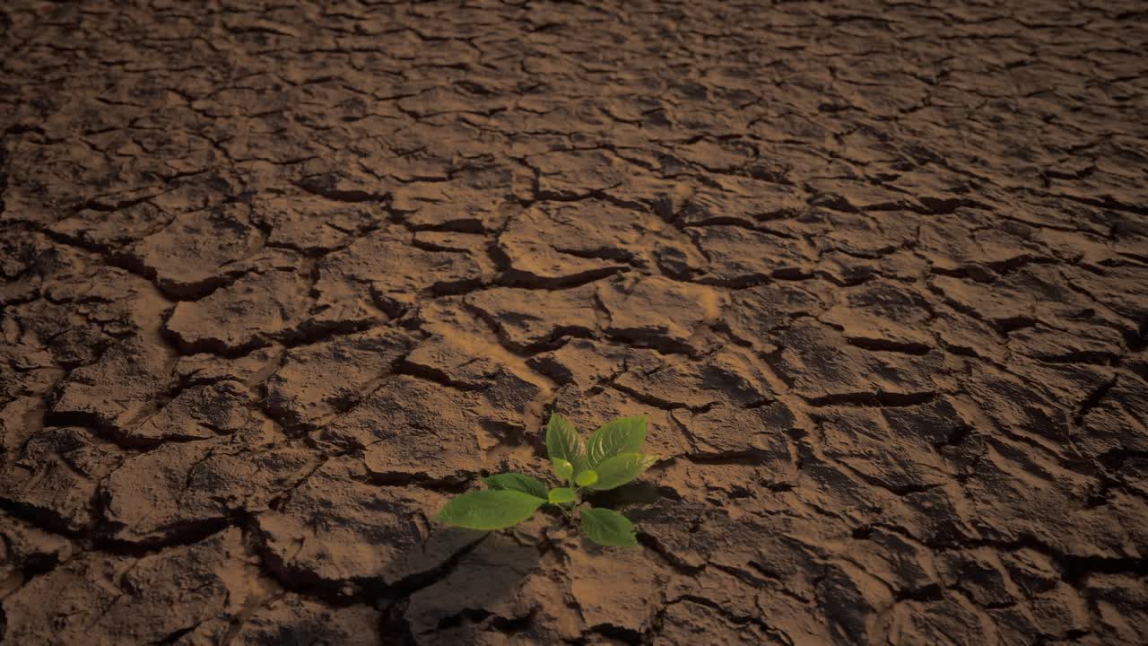 pequeña planta verde que crece en suelo seco, suelo de tierra agrietado y secado o superficie de arena. sequía, falta de agua, cambio climático, ola de calor y concepto de desastre de calentamiento global