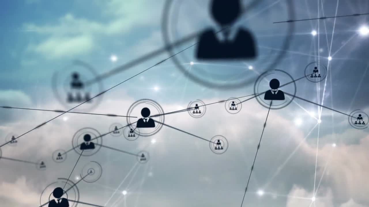 animación de la red de conexiones con iconos sobre nubes
