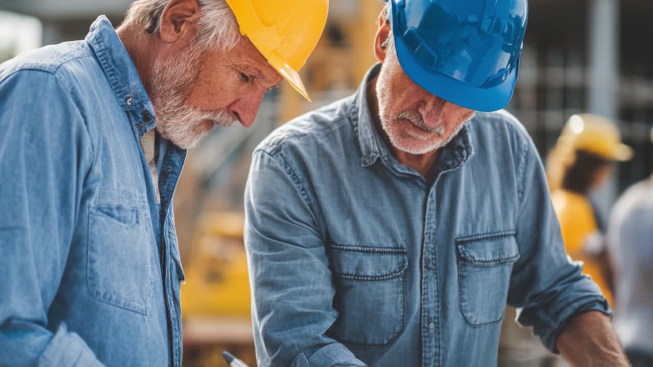 Experienced Workers Collaborating on Construction Plans: Two Skilled Laborers Reviewing Blueprints with Precision and Focus on a Job Site