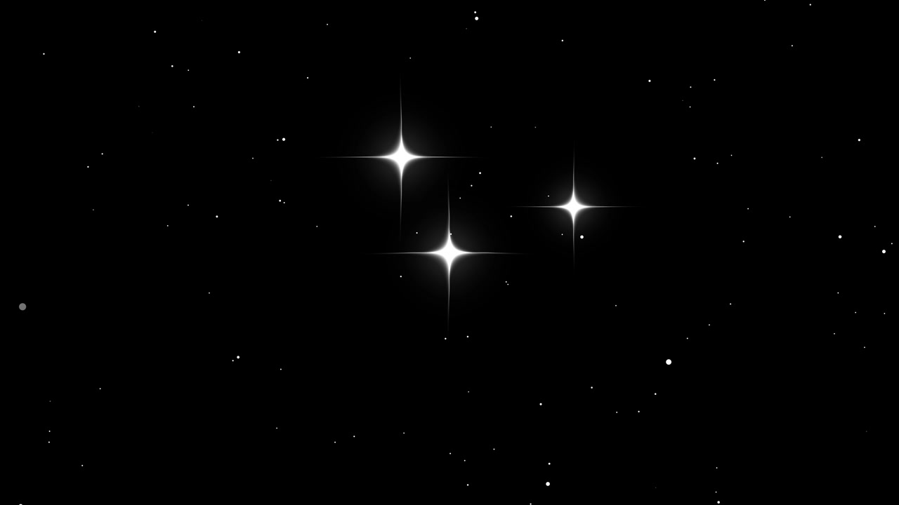 Tre stelle scintillanti che appaiono e scompaiono su sfondo nero