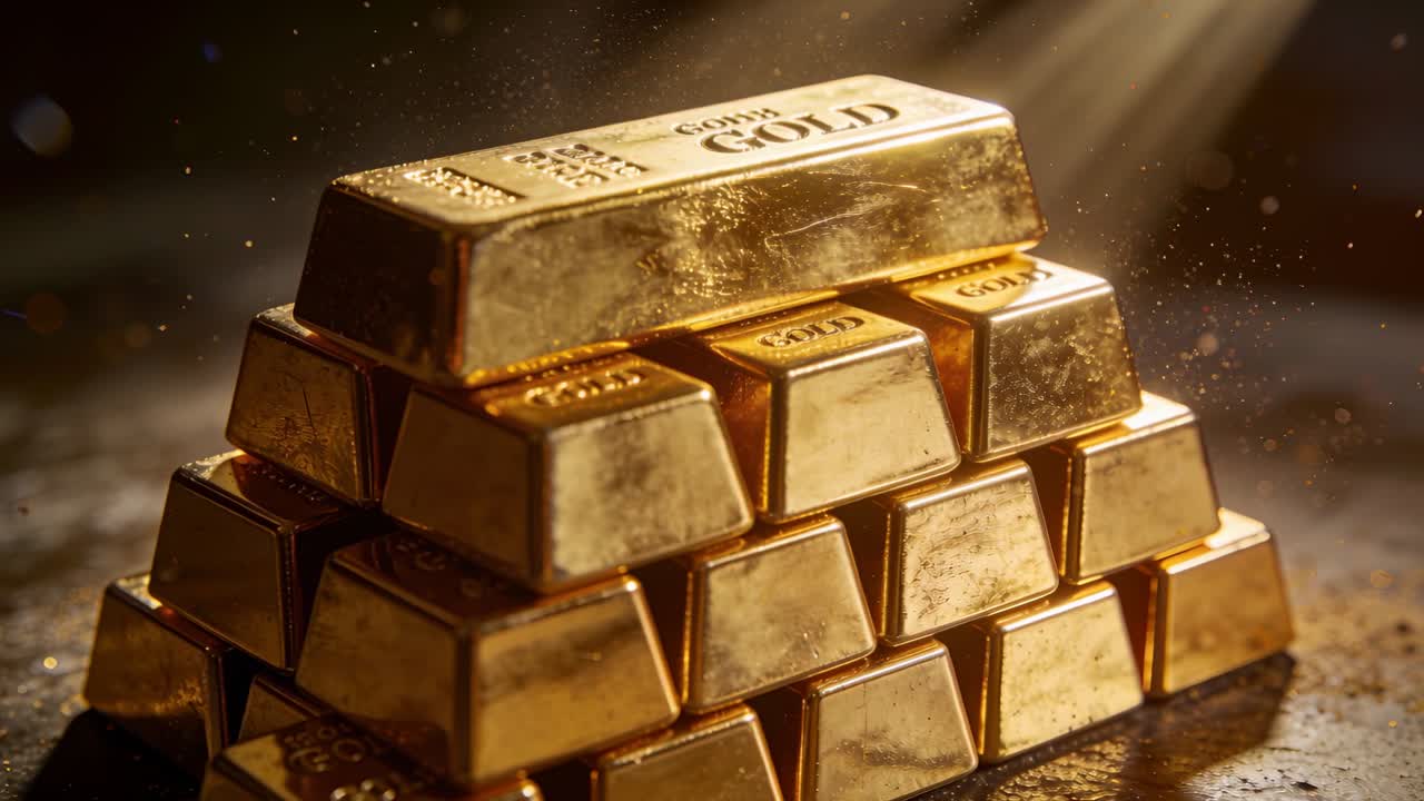 Telecamera in movimento e luce calda cangiante che rivelano lingotti d'oro impilati, un lingotto superiore timbrato e polvere fluttuante.