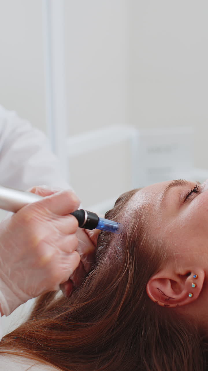 tricólogo haciendo procedimiento de regeneración del cabello de la mujer dermapen microneedling inyecciones de vitaminas