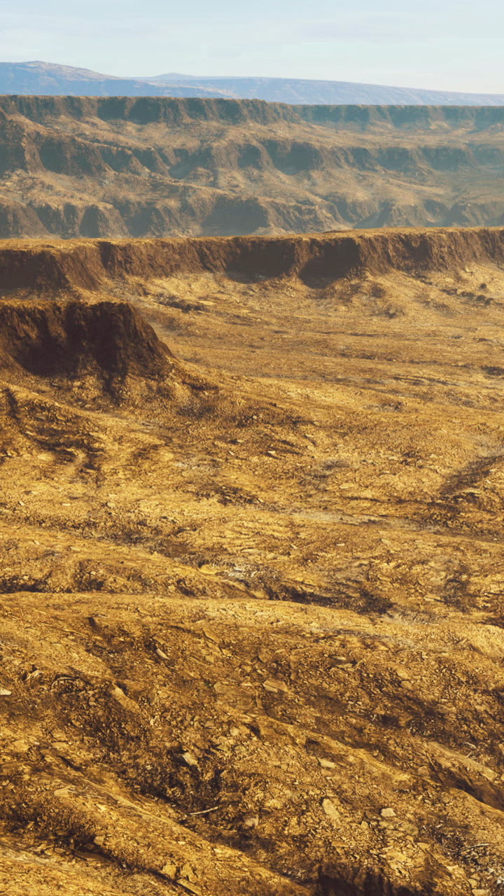 Golden landscape stretches endlessly beneath a bright sky in rugged terrain