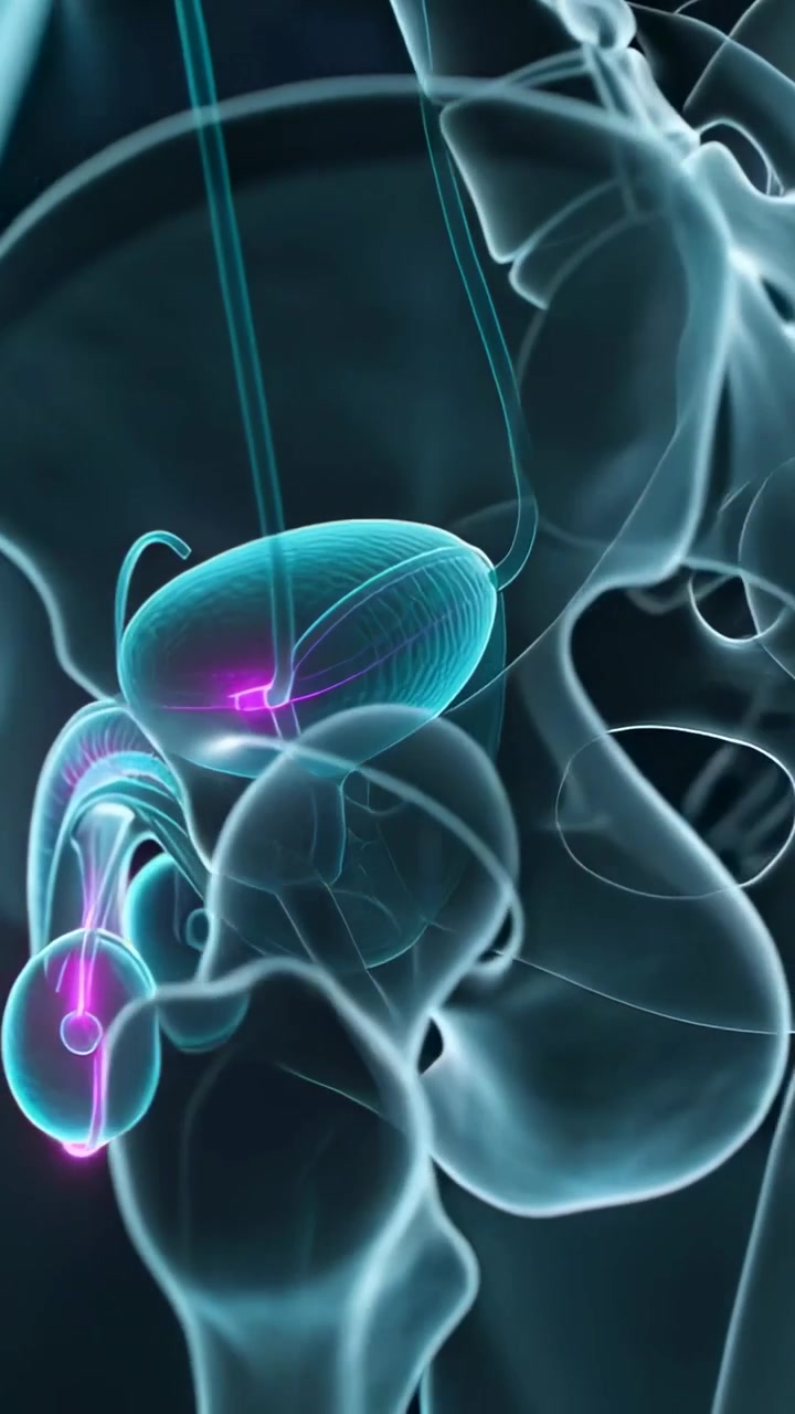 Vertical video: Pulling camera back, 3D pelvic model revealing bladder, urethra in VR for education