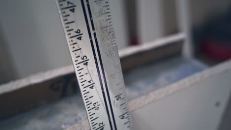 tracking shot of long, worn metal ruler leaning on drywall in slow motion