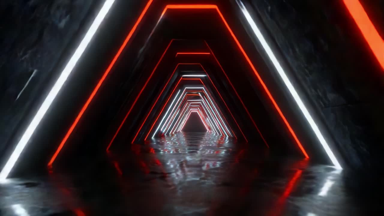 A Stunning Visual Journey Through a Symmetrical Tunnel Illuminated by Red and White Neon Lights, Reflecting Off a Glossy Surface and Creating an Enigmatic Atmosphere