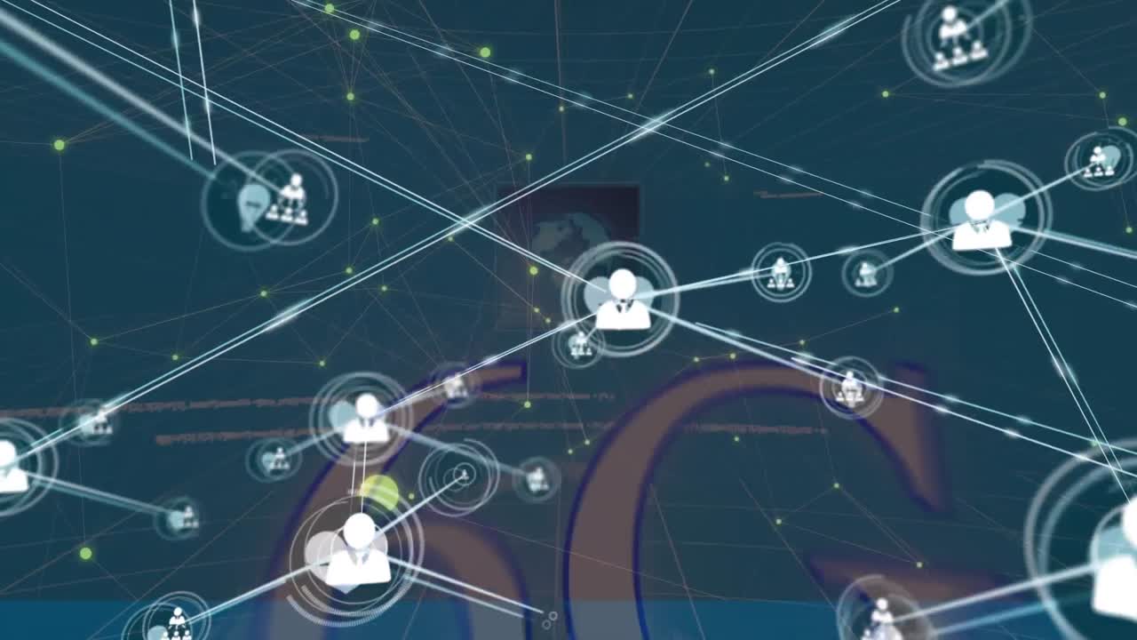 Animation of network of connections over media icons and data processing