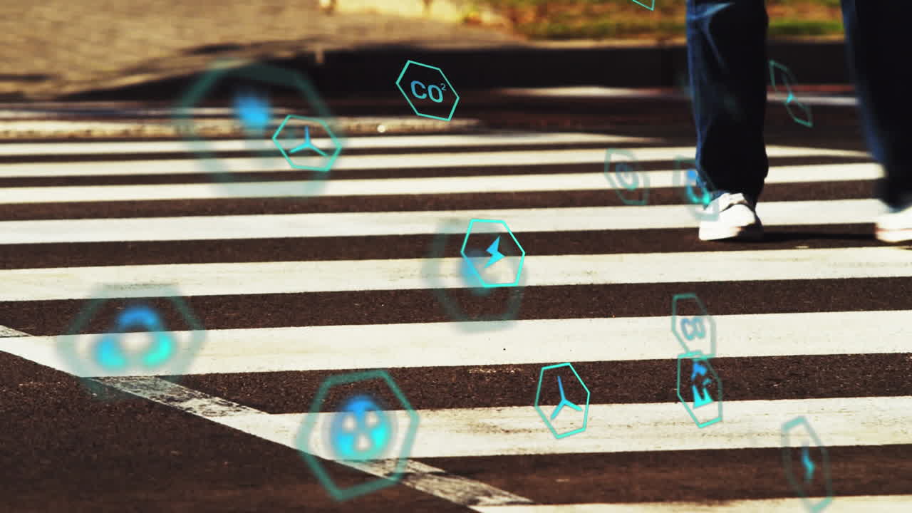 거리를 건너는 사람들의 낮은 부분의 타임 스에 대한 여러 디지털 아이콘의 애니메이션