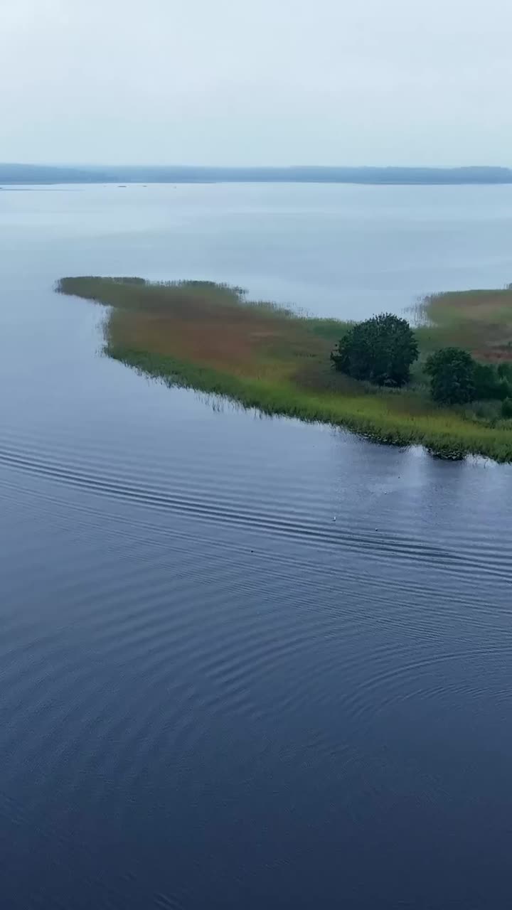 Vista aérea vertical do lago Usma mostrando ondulações e vegetação costeira sob luz suave