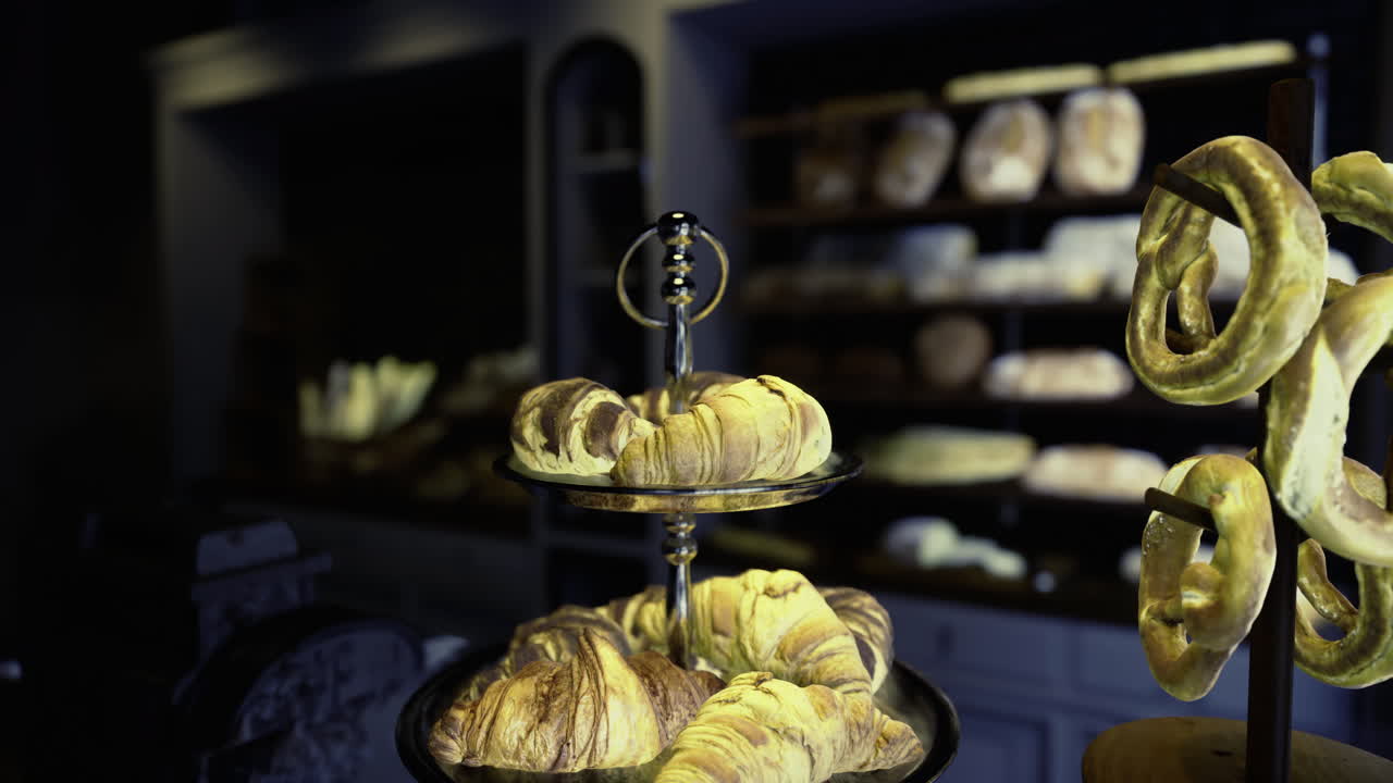 Bakery display features assorted bread and pastries in a cozy setting