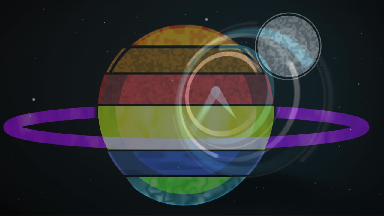 Animation of multicoloured planet saturn, solar system and space over clock ticking