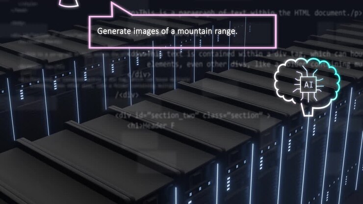 Server racks with AI cloud and code, generating images animation
