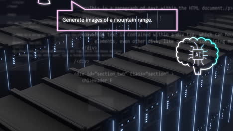 Server racks with AI cloud and code, generating images animation