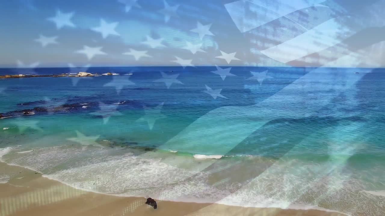 미국 국기가 해변 풍경 위에서 날아다니는 애니메이션