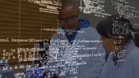 Animation of data processing over diverse scientists taking sample in lab
