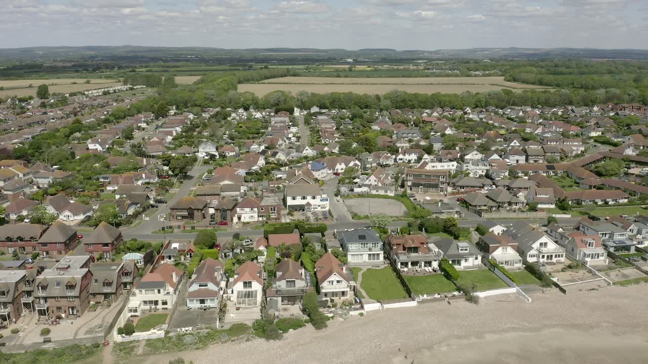 A countryside drone aerial view of Middleton On Sea in Bognor Regis, West Sussex