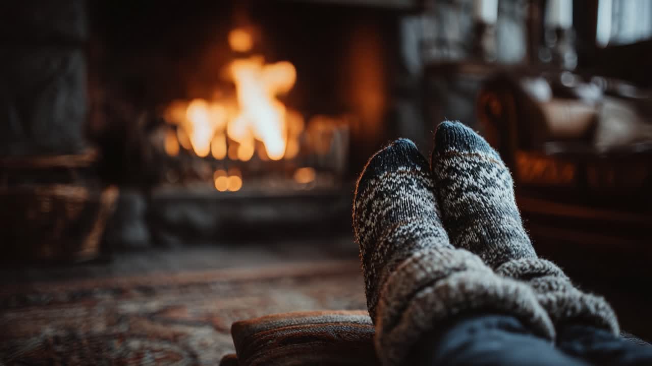 Cozy Winter Evening by the Fireplace with Warm Socks and Flickering Flames Embracing a Serene Atmosphere of Relaxation and Comfort
