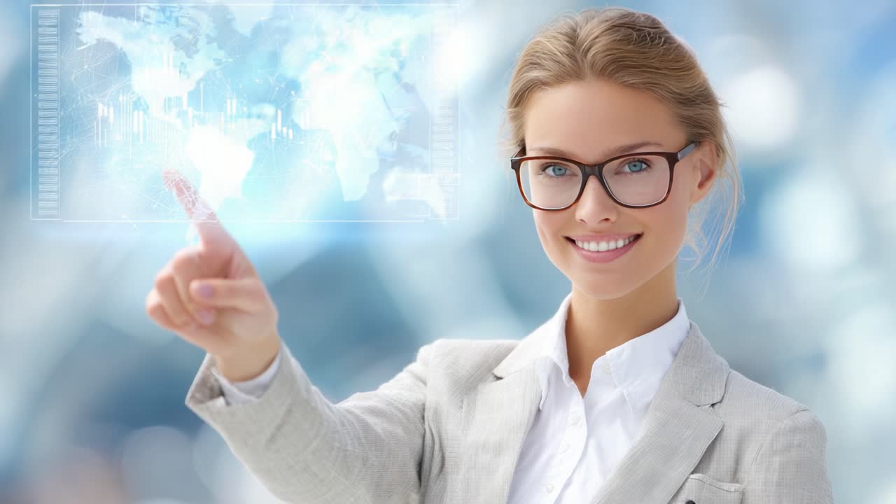 Engaging Businesswoman Interacting with Futuristic Digital Interface, Displaying Data Visualizations with a Confident Smile in a Professional Setting