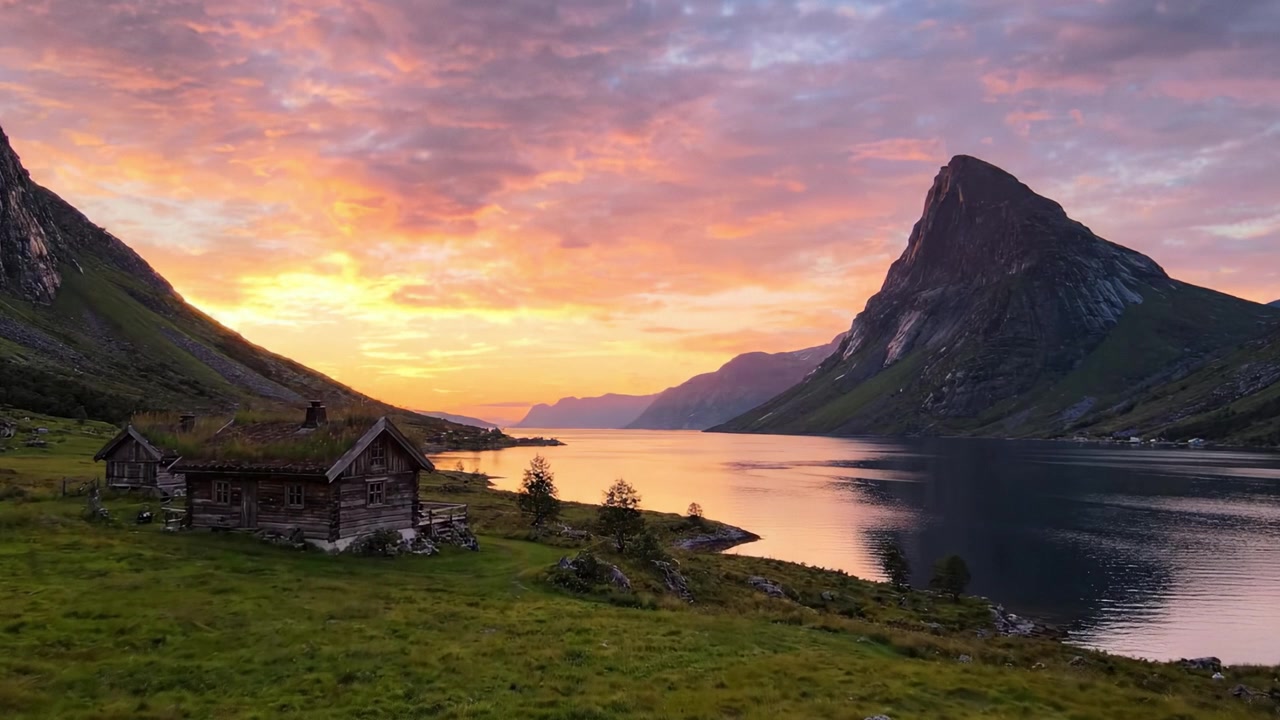 Faszinierender Sonnenuntergang über ruhigen Bergen: Eine friedliche Seenlandschaft mit rustikaler Hütte leuchtet unter lebendigem Himmel und bietet ein Bild natürlicher Schönheit und Ruhe
