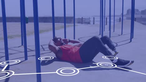 Animation of growing communication network over male athlete with prosthetic leg exercising outdoors