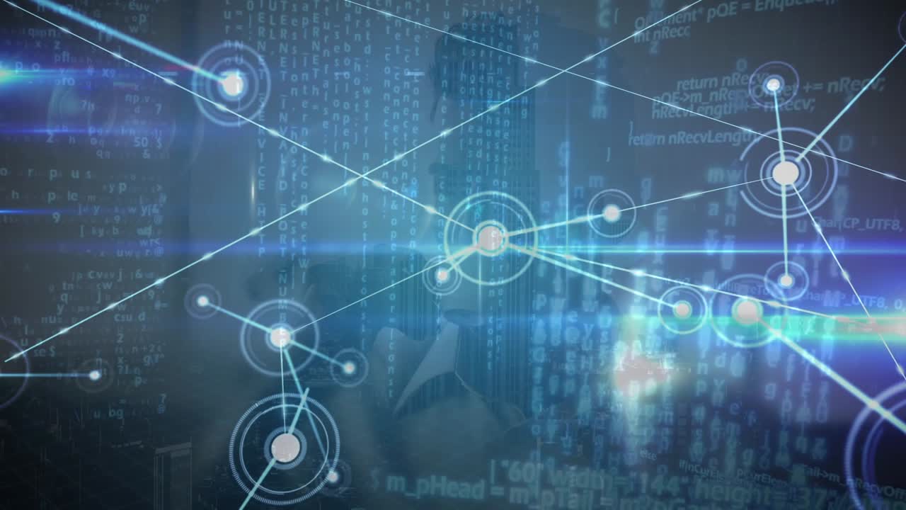Animation of data processing over caucasian man with coffee