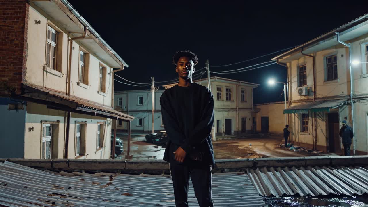 joven hombre afroamericano de pie con confianza en el techo urbano por la noche, luces de la calle proyectando sombras dramáticas a través del paisaje urbano arenoso con una actitud poderosa