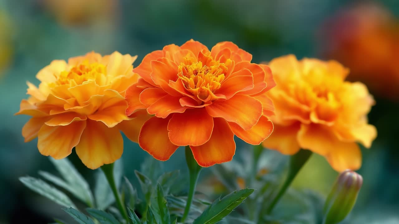 Fioriture affascinanti: Un primo piano di vivaci fiori di calendula che mostrano i loro petali radiosi arancioni e gialli sotto una luce naturale soffusa.