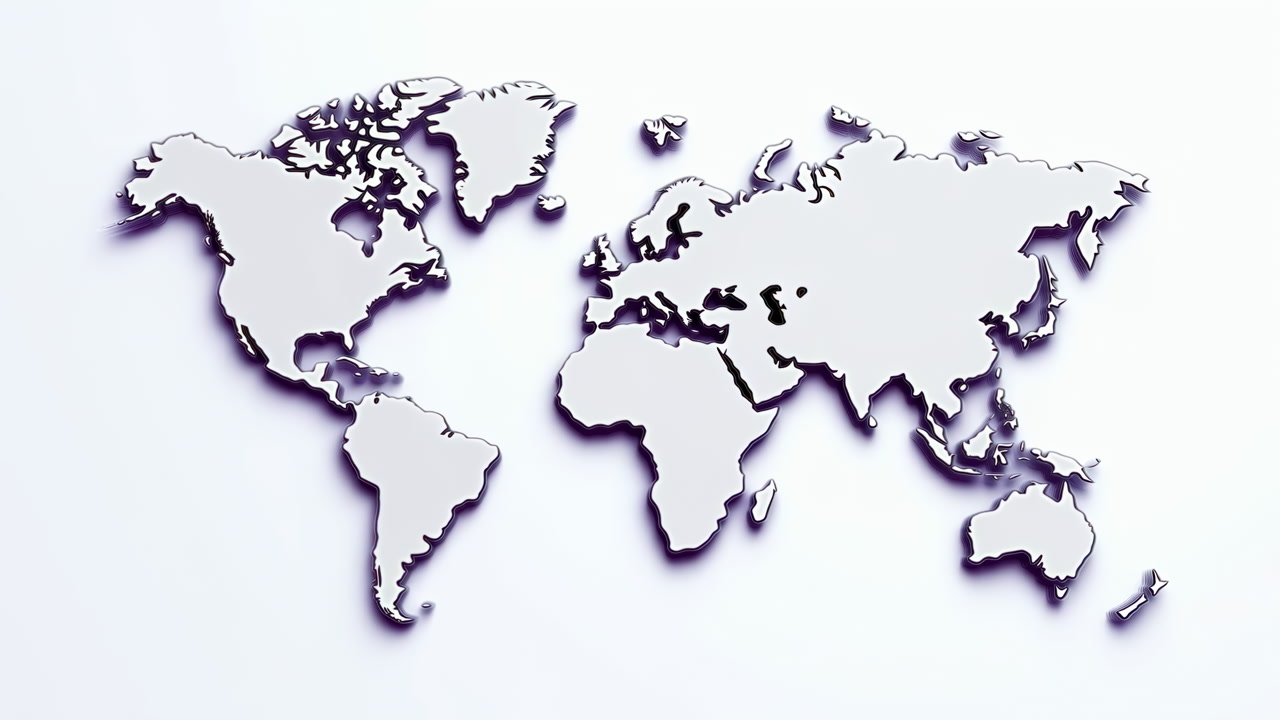 White World Map With Purple Shadows, Sleek Textured Wall Display With Raised Continent Contours Casting Soft