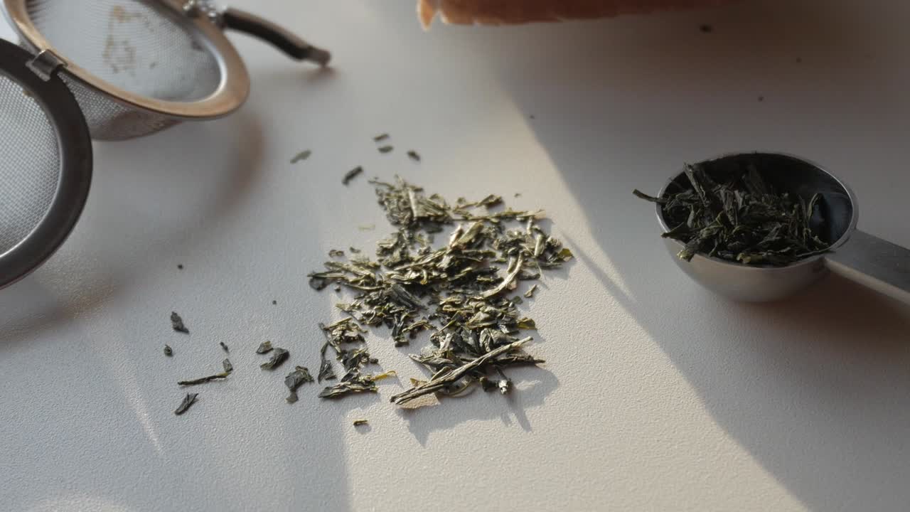 Fresh green tea leaves laid out next to a measuring spoon and tea infuser