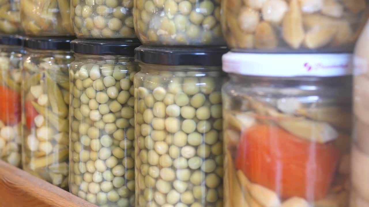 Preserved Vegetables and Peas in Glass Jars