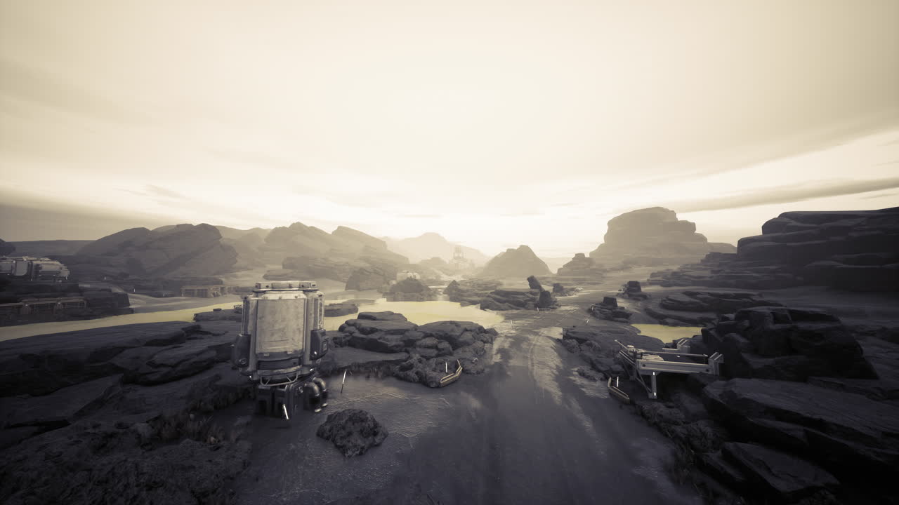 Sunrise casting warm glow over deserted mining sites and dusty paths