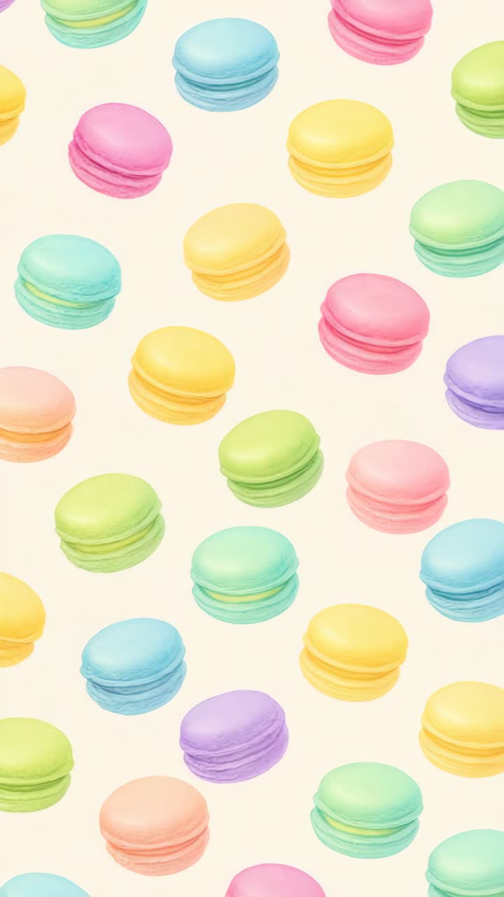 Top-down view of colorful macarons on a light background. Pastel tones create a playful, whimsical