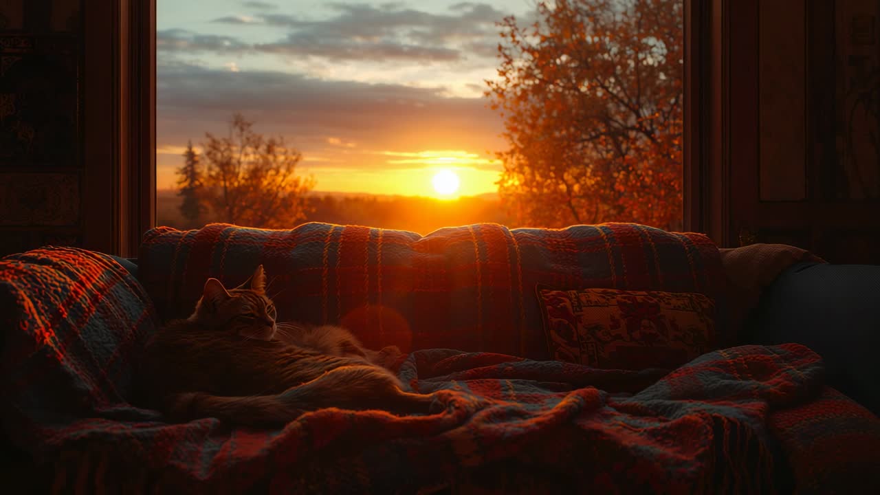 Bathing sofa in cabin with golden rays through wooden window, warming cat on blanket, copy space