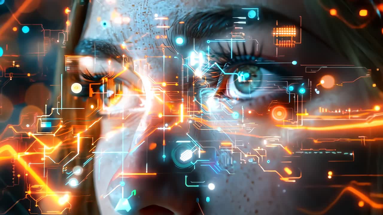 A woman's face is shown in a computer generated image with a blue eye and orange and blue lines