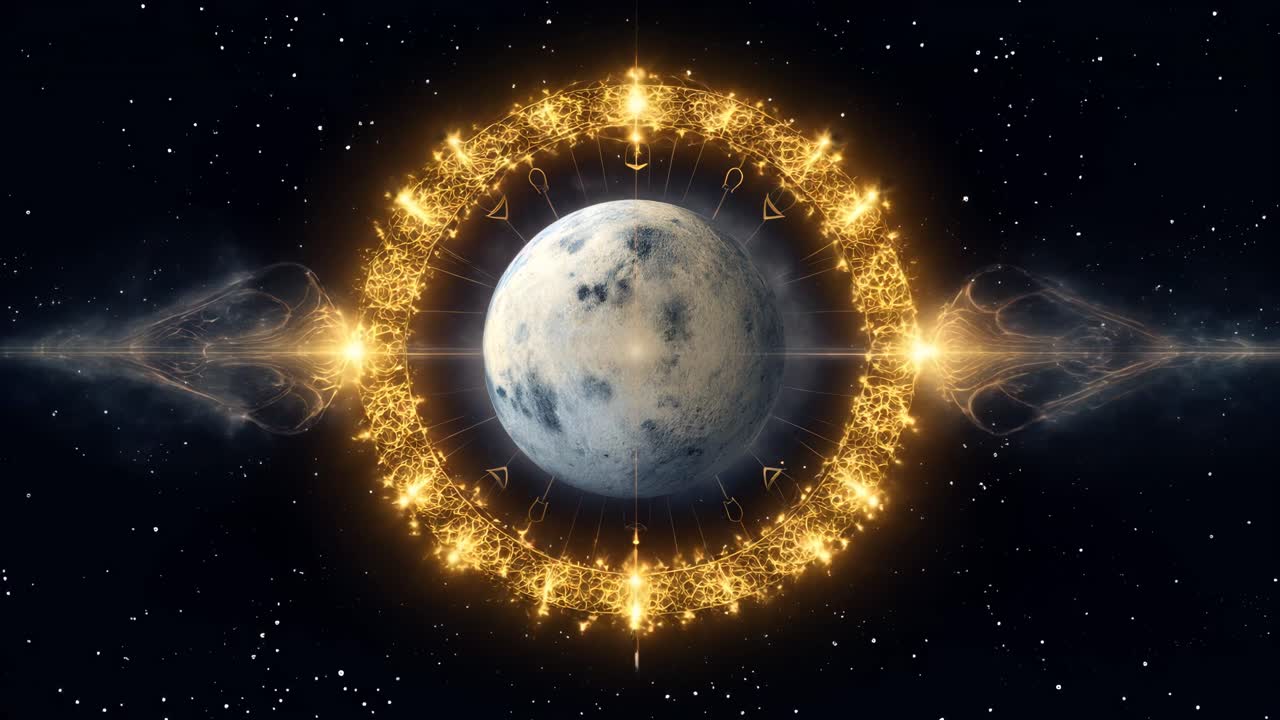 A cosmic-themed video concept featuring a planet encircled by glowing golden patterns