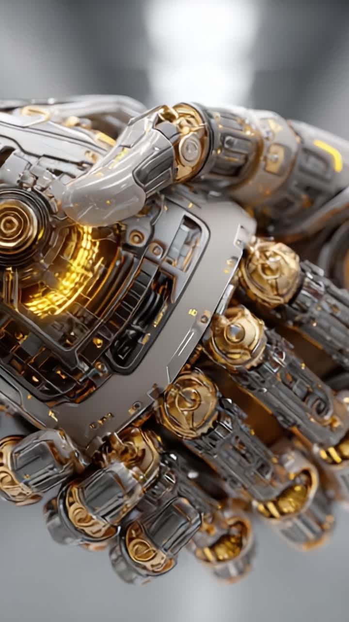 A Futuristic Robot Hand: Unveiling the Intricate Design and Advanced Technology of Mechanical Dexterity with Luminous Details and Sleek Metallic Surfaces