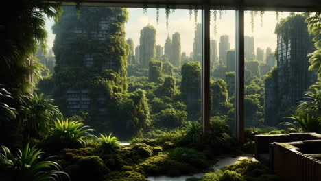 nature reclaiming an overgrown dystopian cityscape