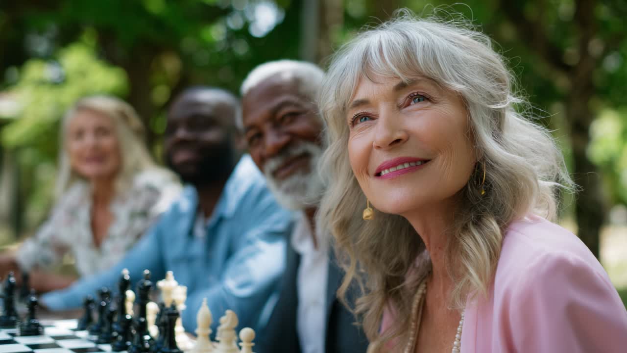 Diverse Group of Seniors Playing Chess Outdoors