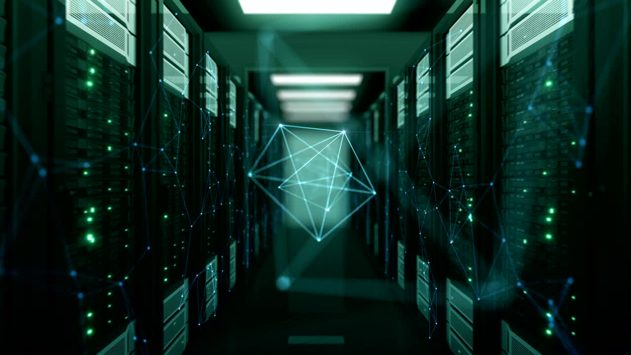 moviéndose a través de la cuadrícula de red con destellos en conexiones y enlaces de red abstractos del centro de datos. animación 3d en bucle. concepto futurista de negocios y tecnología digital.