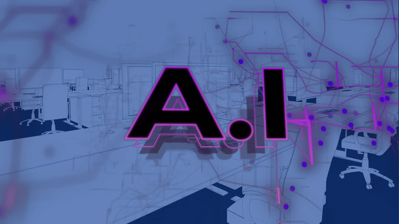 Animasjon av AI-tekst over pulter med datamaskiner på blå bakgrunn