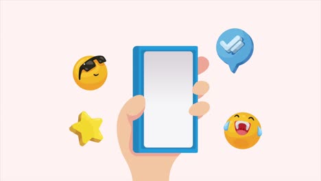 hand with smartphone and emojis animation