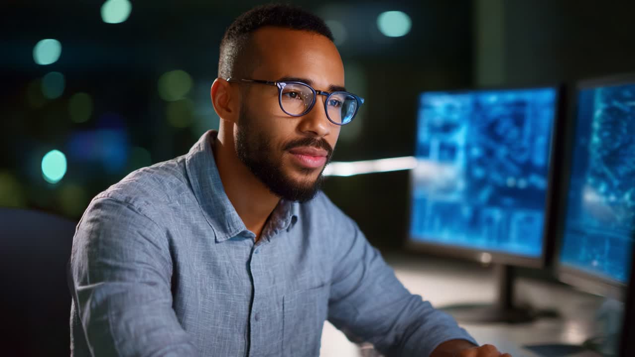 Focused professional analyzing data on dual computer screens, demonstrating a deep concentration in an illuminated workspace with modern technology