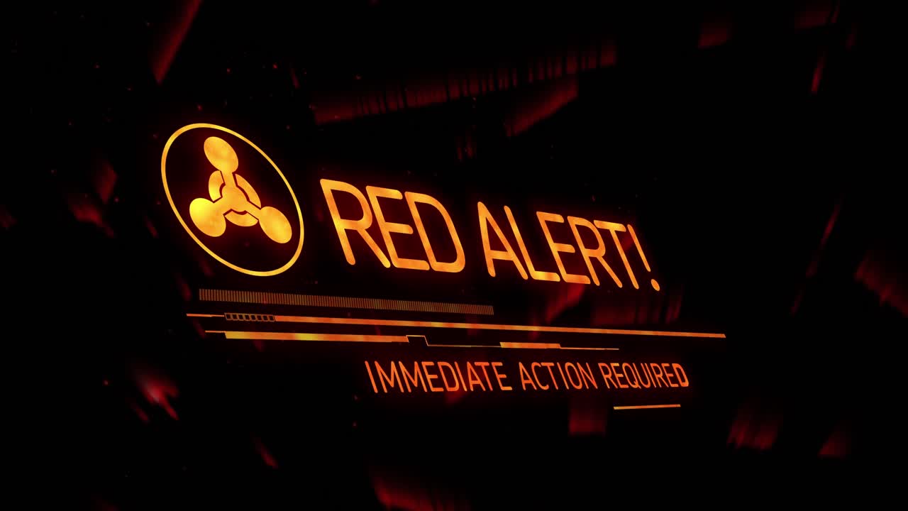 animación del signo de alerta rojo y el texto sobre fondo negro