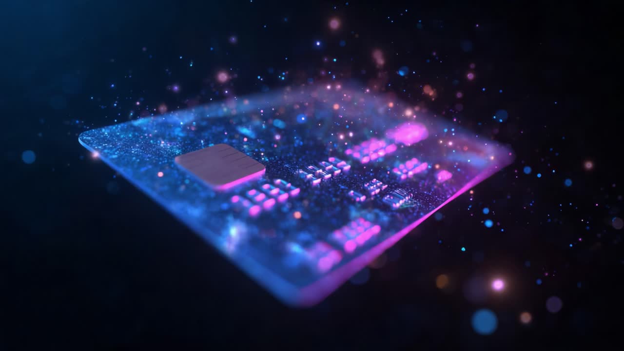 A Dynamic 3D Visualization of a Credit Card Surrounded by Glowing Particles, Showcasing Its Digital Design and Modern Technology with a Futuristic Appearance in a Vivid Galaxy of Colors