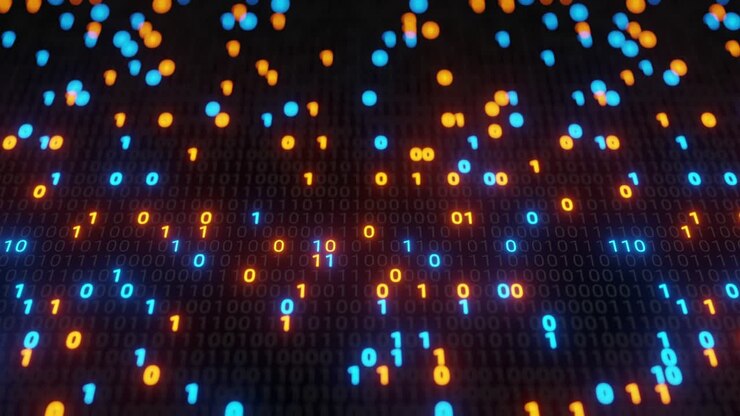 Abstract seamless blue and orange digital binary code matrix background VJ loop with flare.
