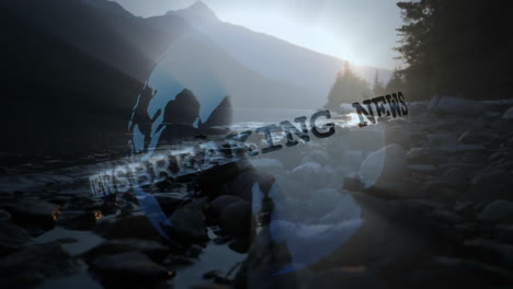 alpine lake featuring rocky shore and peaks at dawn, showing soldier silhouette with breaking news