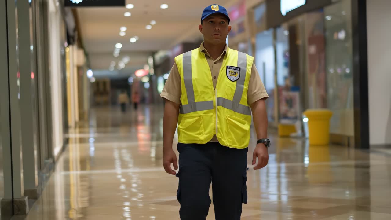 Guarda de seguridad patrullando un centro comercial